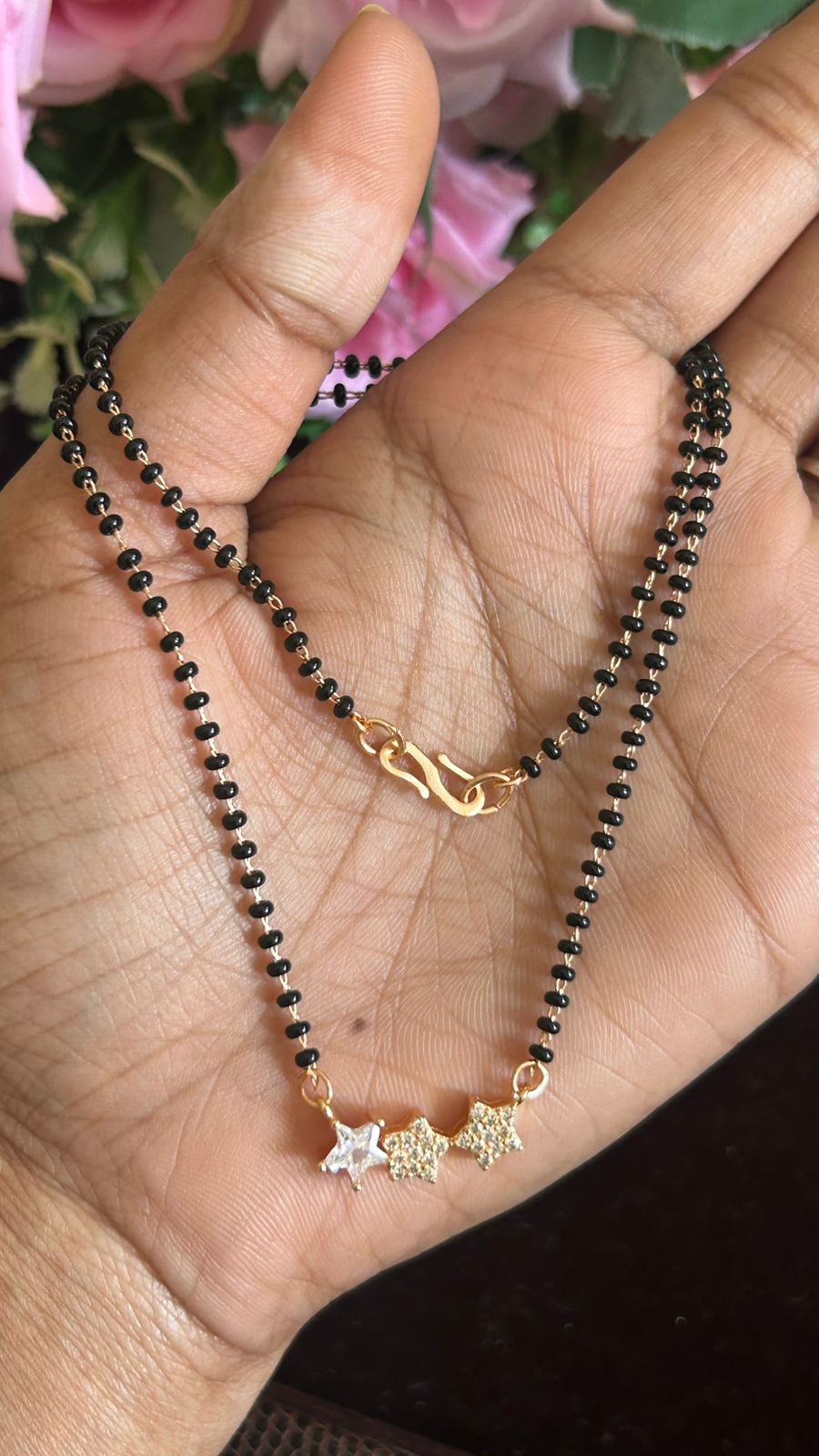 Rose Gold Finish Black Beads Mangalsutra with Triple Star CZ Pendant
