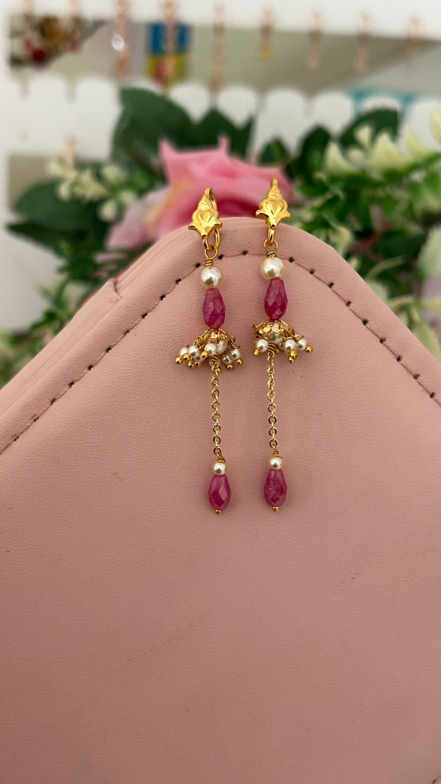 Elegant CZ pink crushed Bead Hanging Earrings with Swarovski Pearls