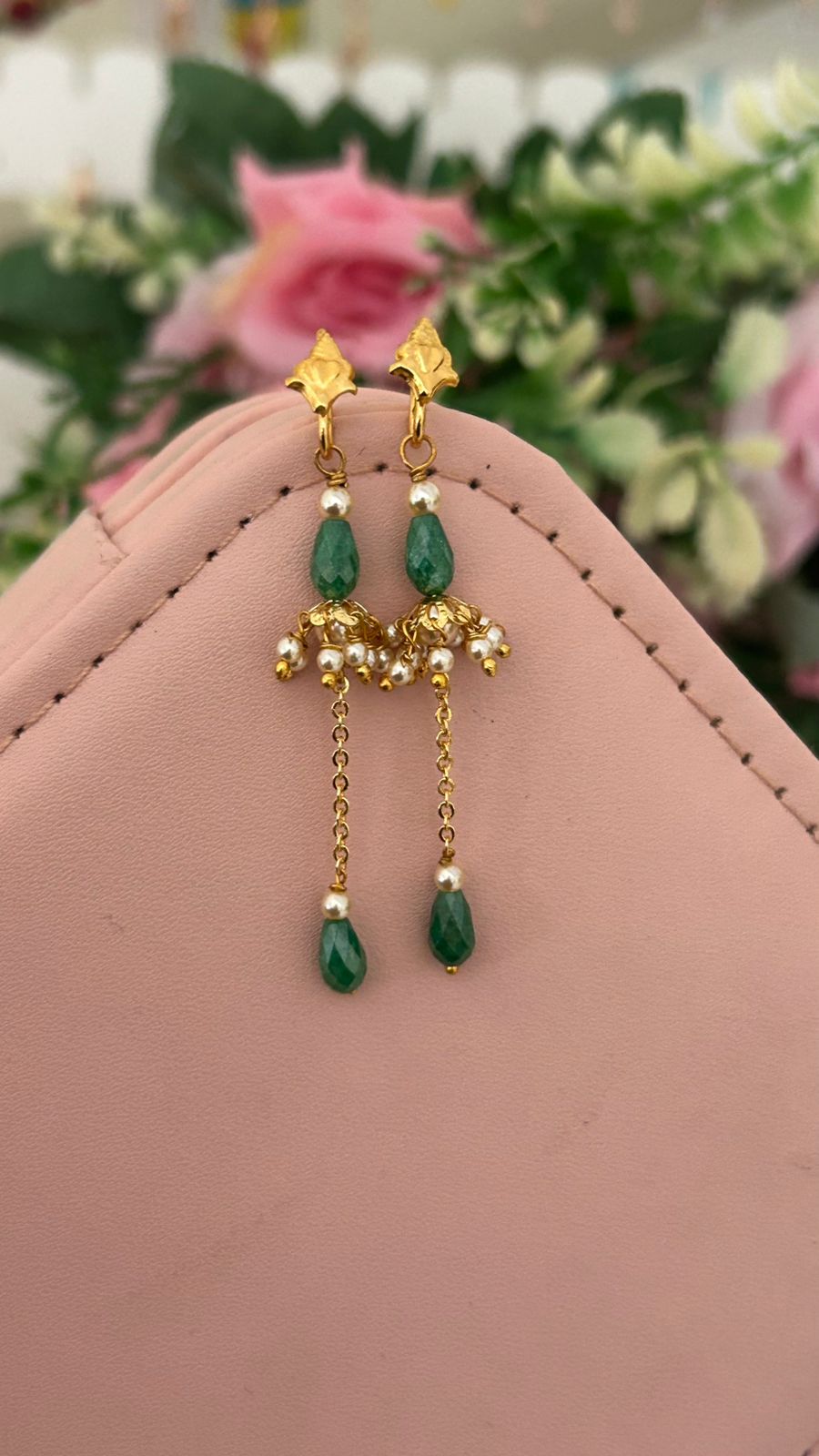 Elegant CZ sea blue crushed Bead Hanging Earrings with Swarovski Pearls