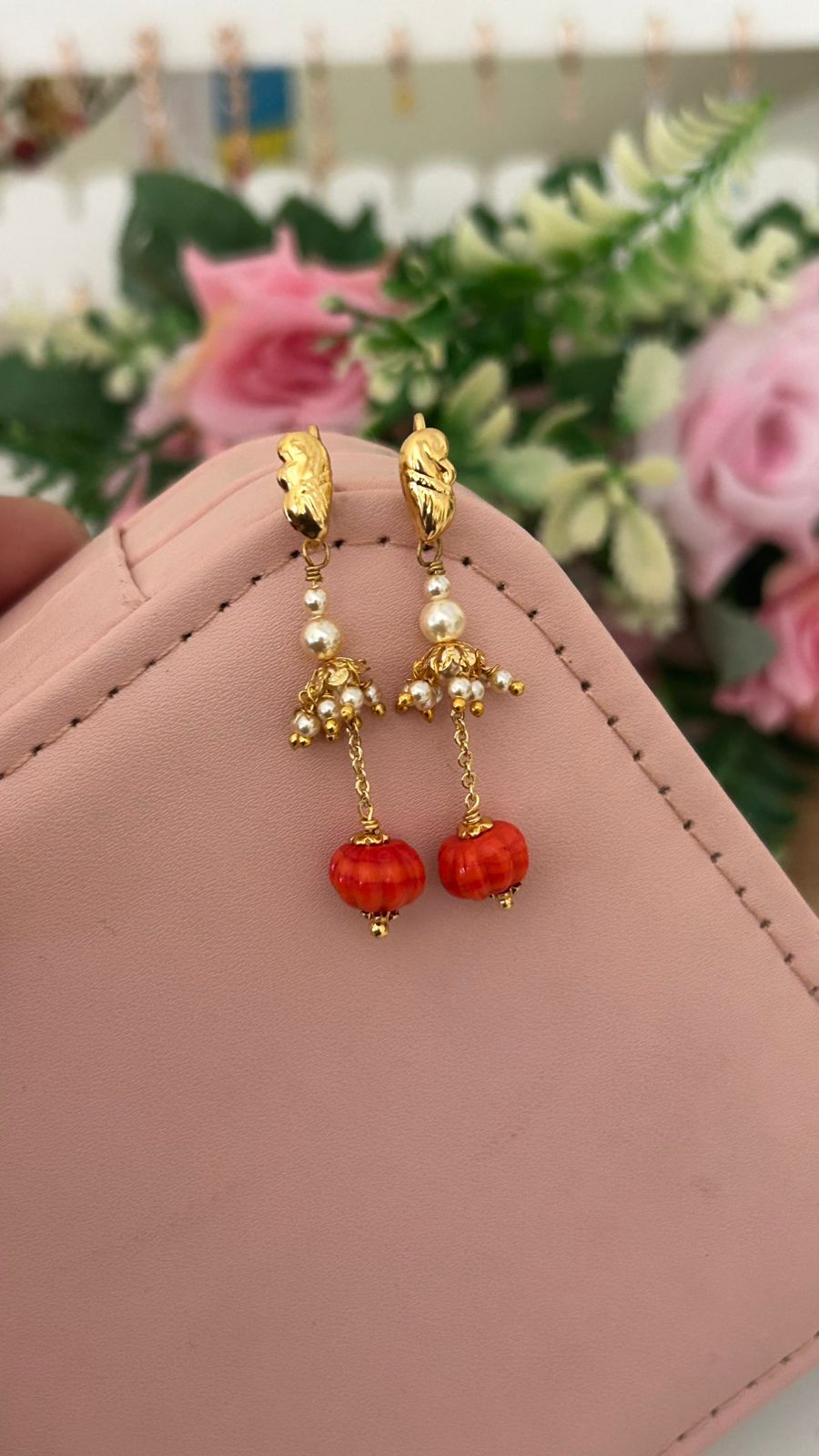 Pumpkin Bead Hanging Earrings with Swarovski Pearls – Traditional Gold Finish