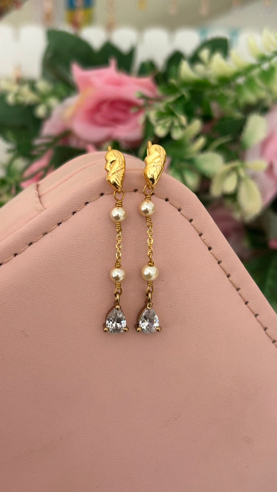 CZ white Drop Hanging Earrings with Pearl Accents