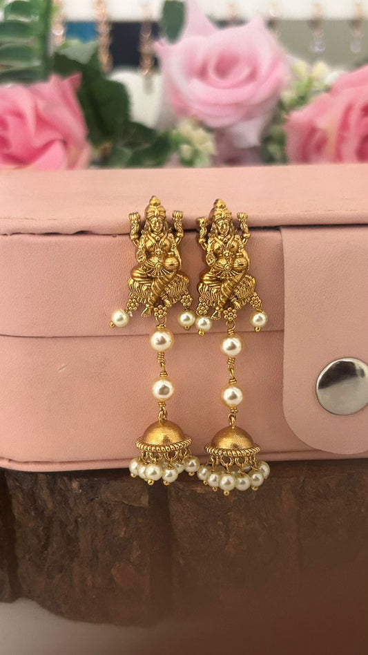 Lakshmi Temple Pearl String Jhumka Earrings