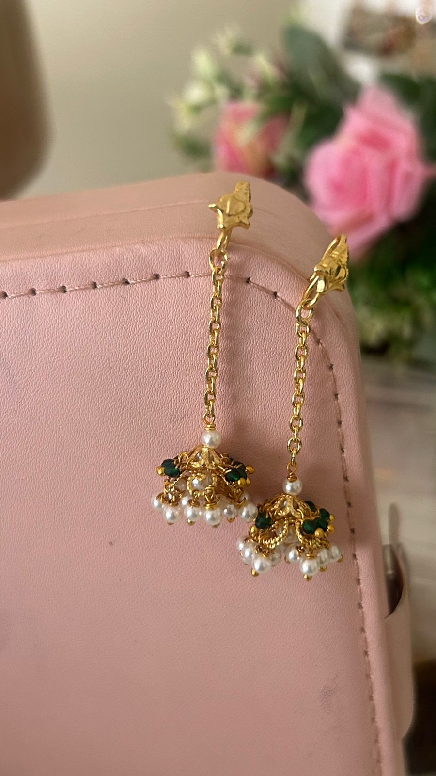 Traditional Guttapusalu String Earrings with Pearls & Green Muvvalu