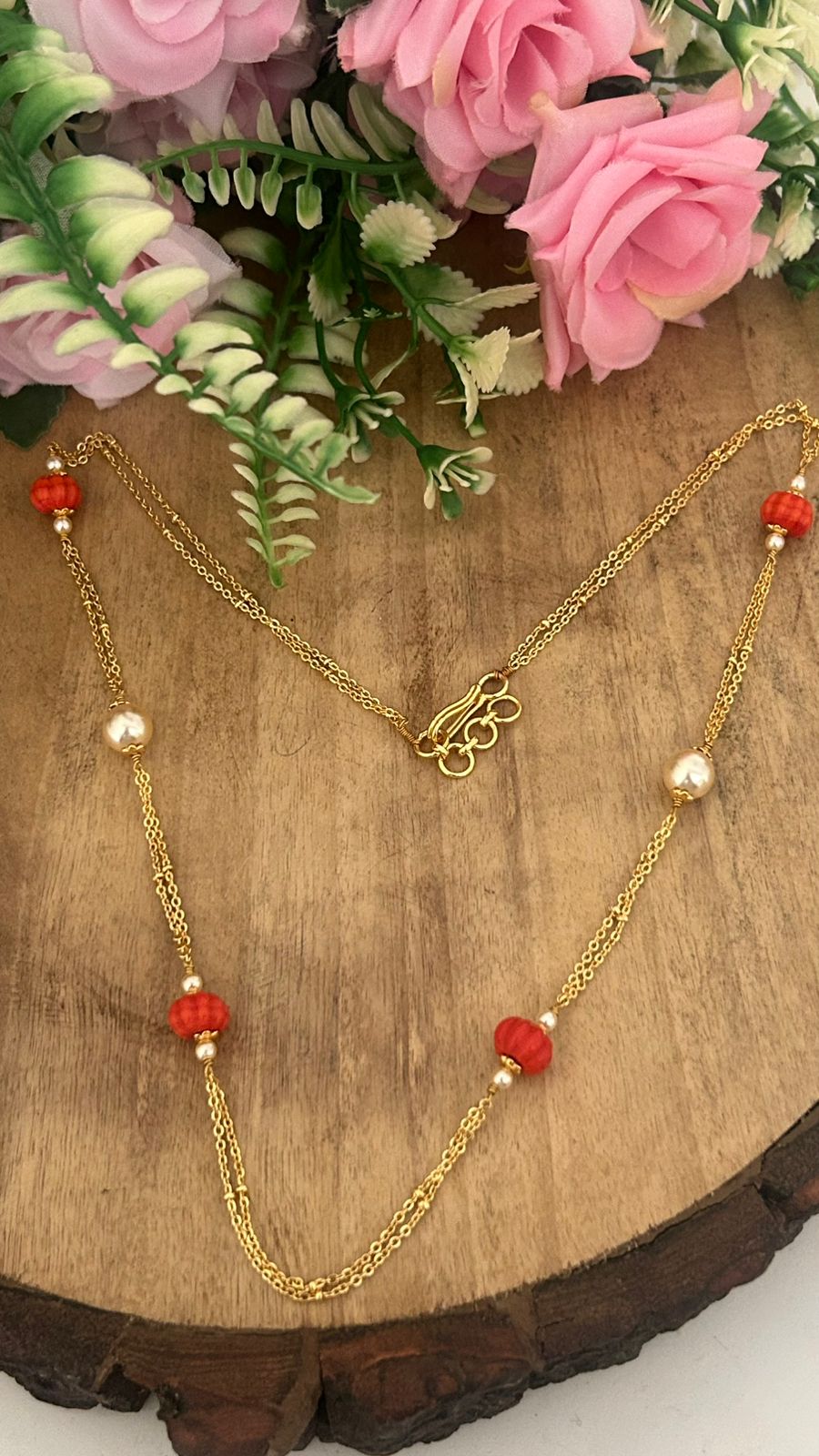 Handcrafted Double Line Chandraharam Necklace with Pumpkin Beads & Swarovski beads