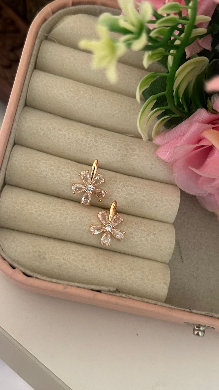 Flower Design CZ Earrings – Peach Crystal Gold Plated Fashion Studs