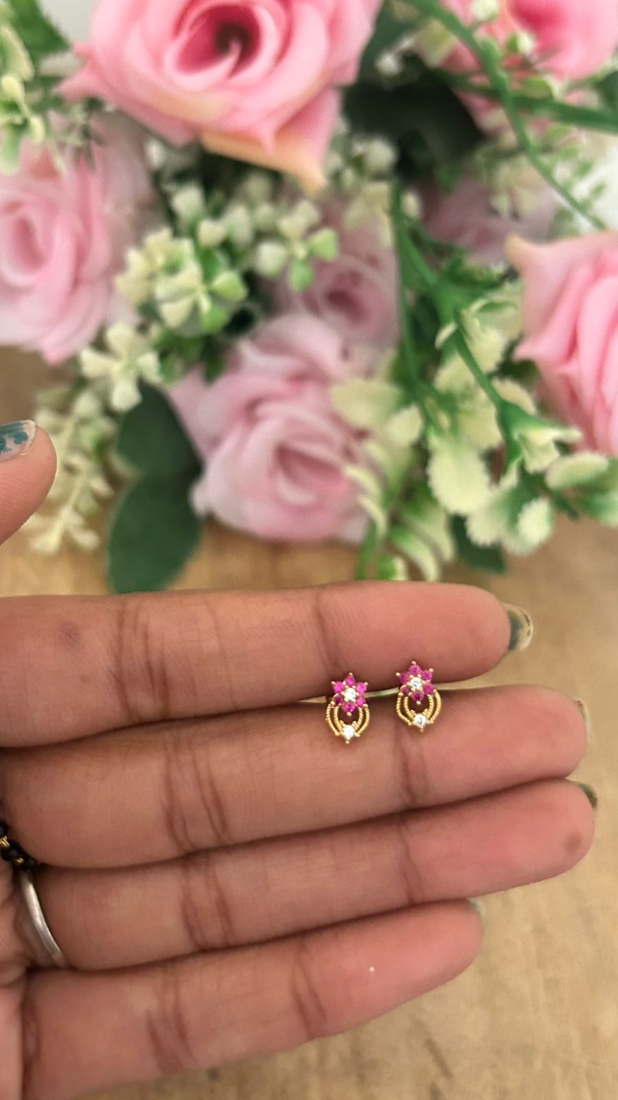 Dainty redStone Flower Stud with Drop – Nose Pin Back Screw | Second Piercing Earrings
