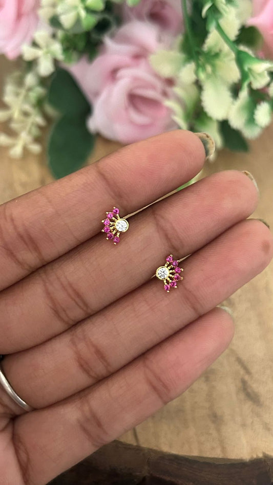Tiny Pink Stone Cluster Stud Earrings – Nose Pin Type Screw Back | Mini Second Piercing Studs