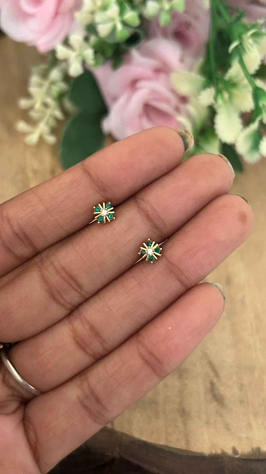Tiny Flower Stud Earrings in green – Minimal Nose Pin Size Gold Plated Studs