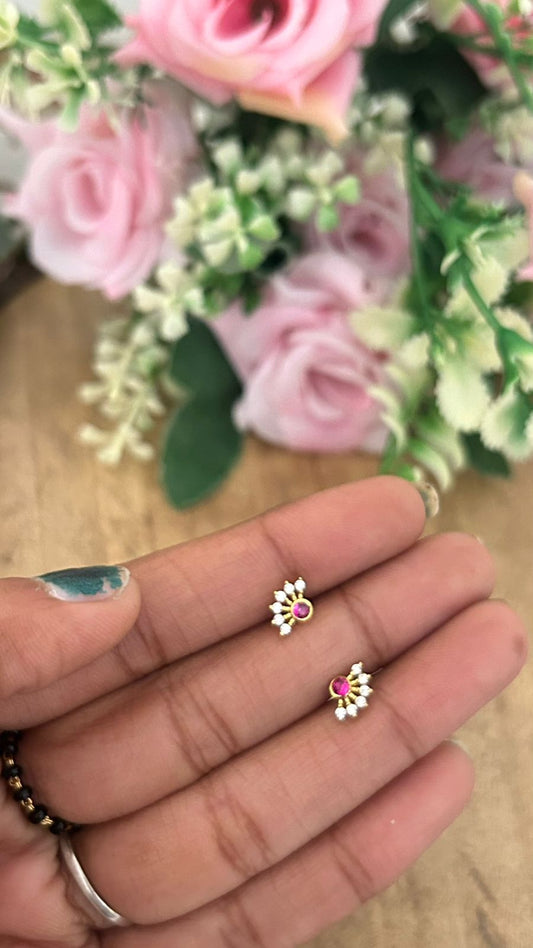 Tiny white with Pink Stone Cluster Stud Earrings – Nose Pin Type Screw Back | Mini Second Piercing Studs