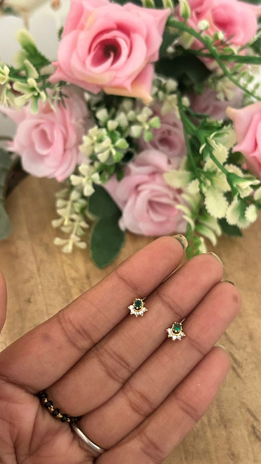 Mini Green Oval Stone Stud Earrings – Nose Pin Screw Back | Dainty Second Hole Studs