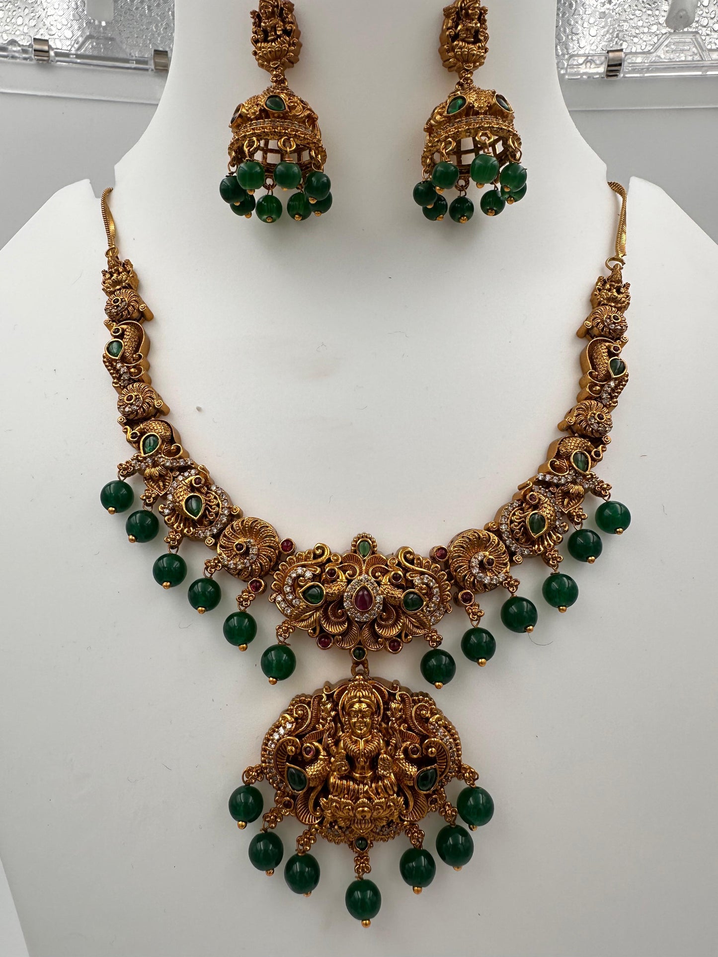 Bridal Lakshmi Temple Necklace Set with Green Bead Hangings