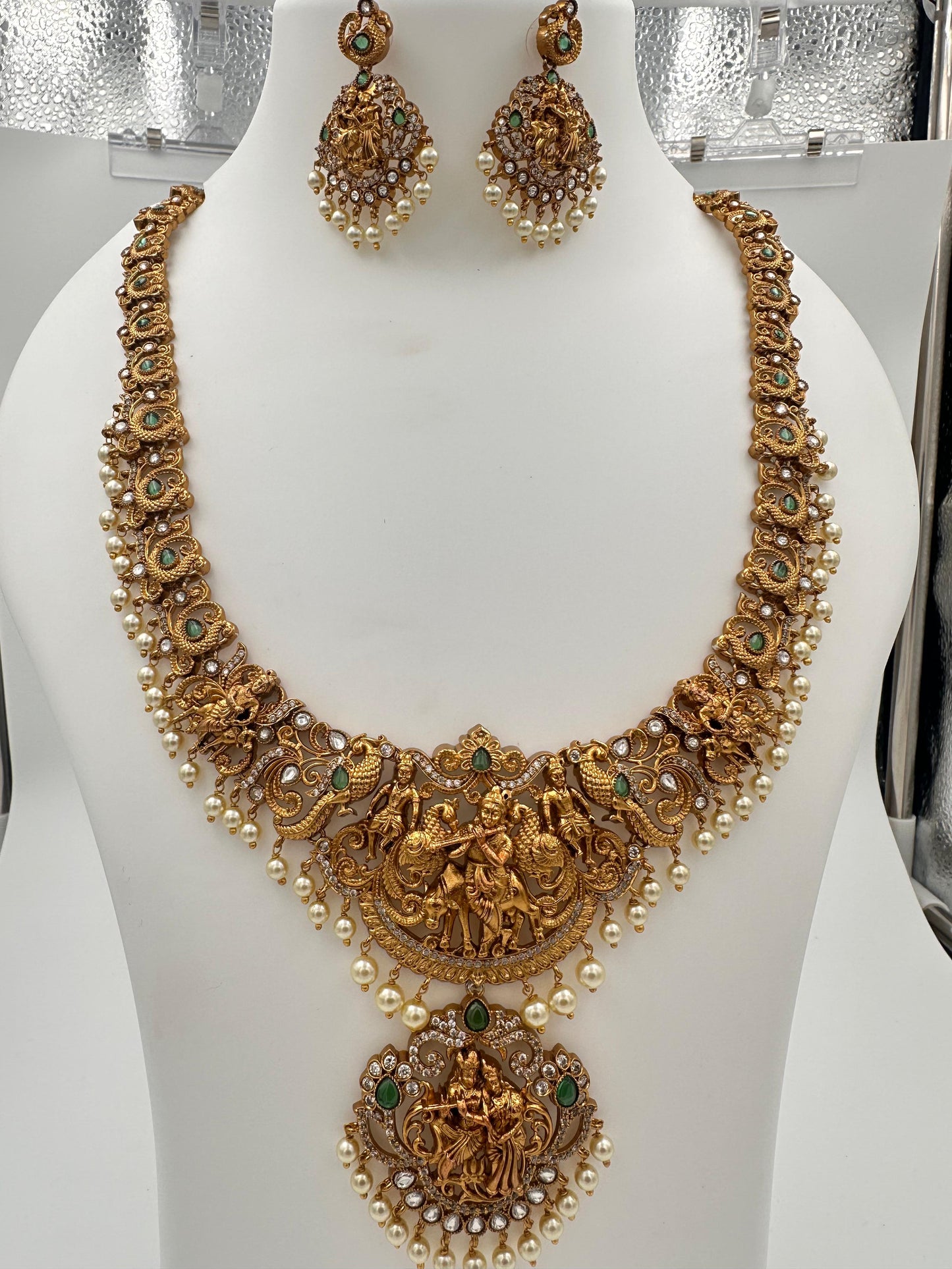 Traditional Gold Finish Radha Krishna Temple Necklace Set for Weddings