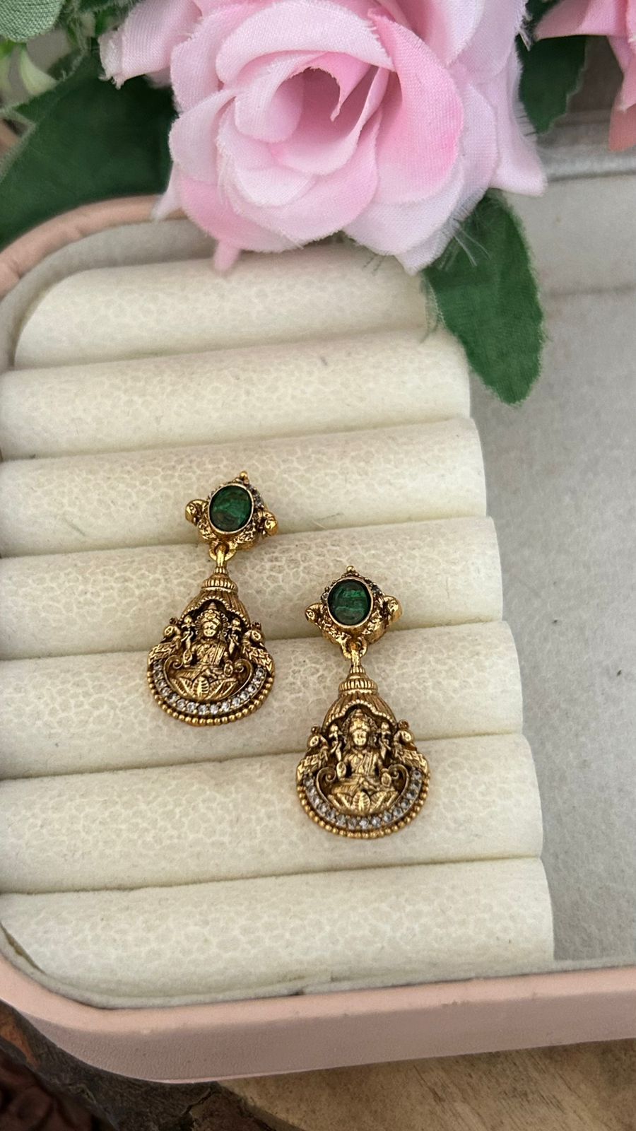 Traditional Lakshmi Temple Earrings with Green Stone – Antique Gold Ethnic Drop Earrings for Women