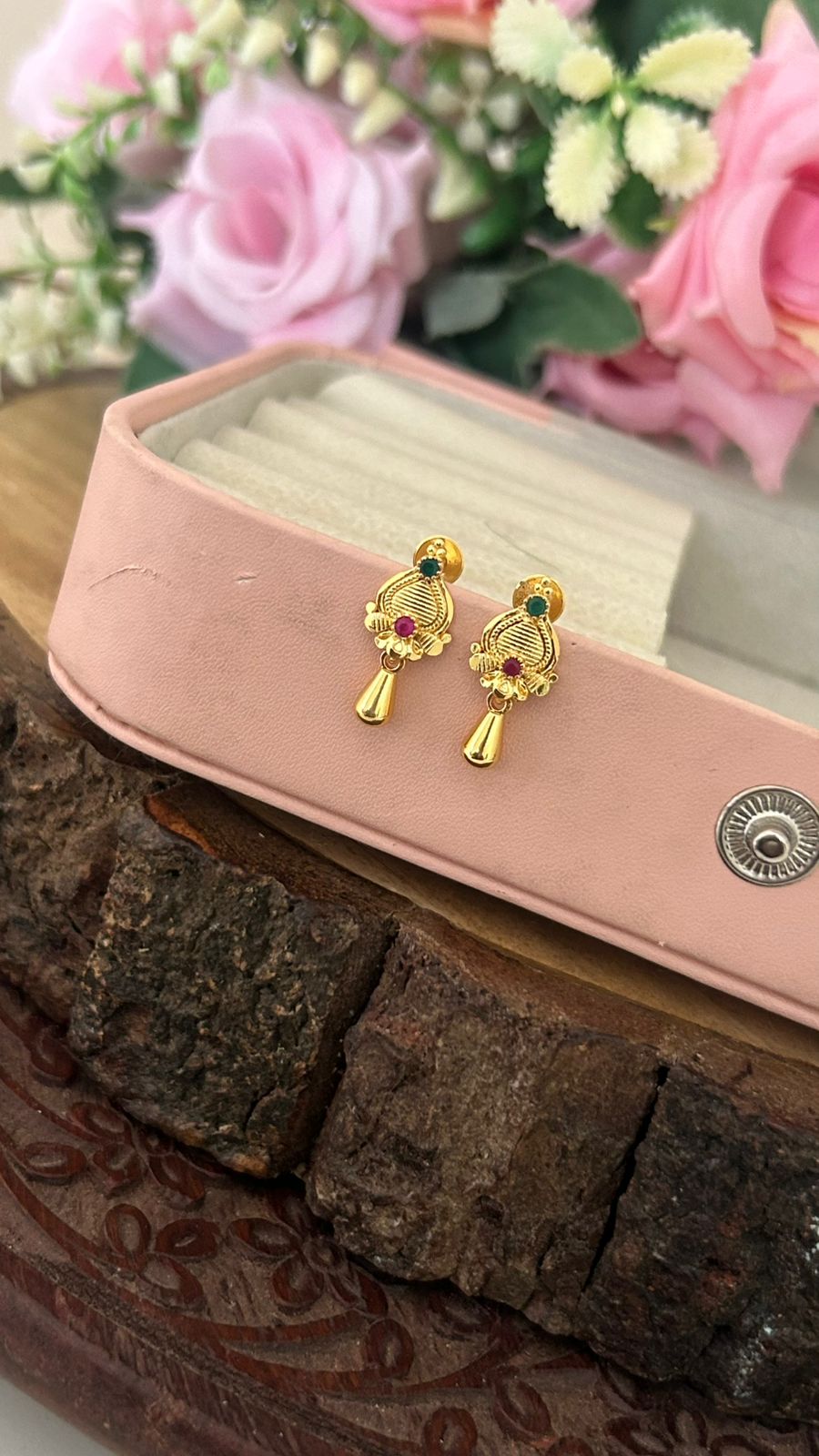 Micro Gold Plated Traditional Stud Earrings with Ruby & Emerald Stones – Lightweight Daily Wear