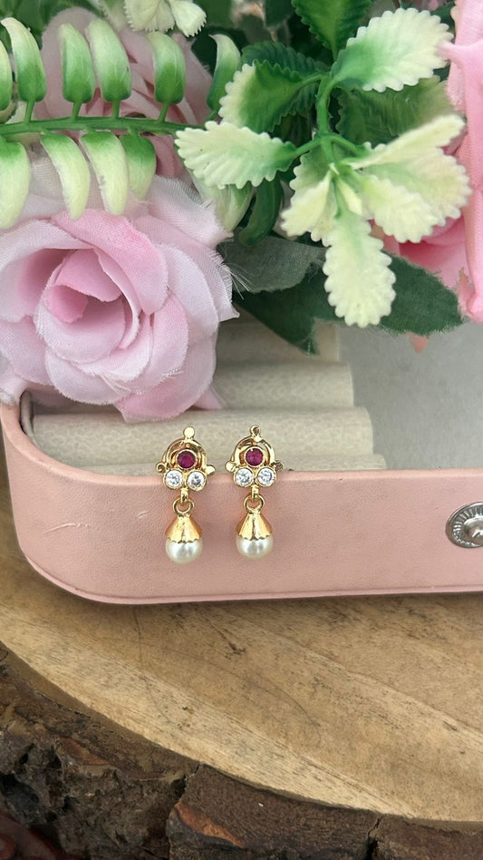 Panchaloham Polished Mini Stud Earrings with Ruby & White Stones and Pearl Drop