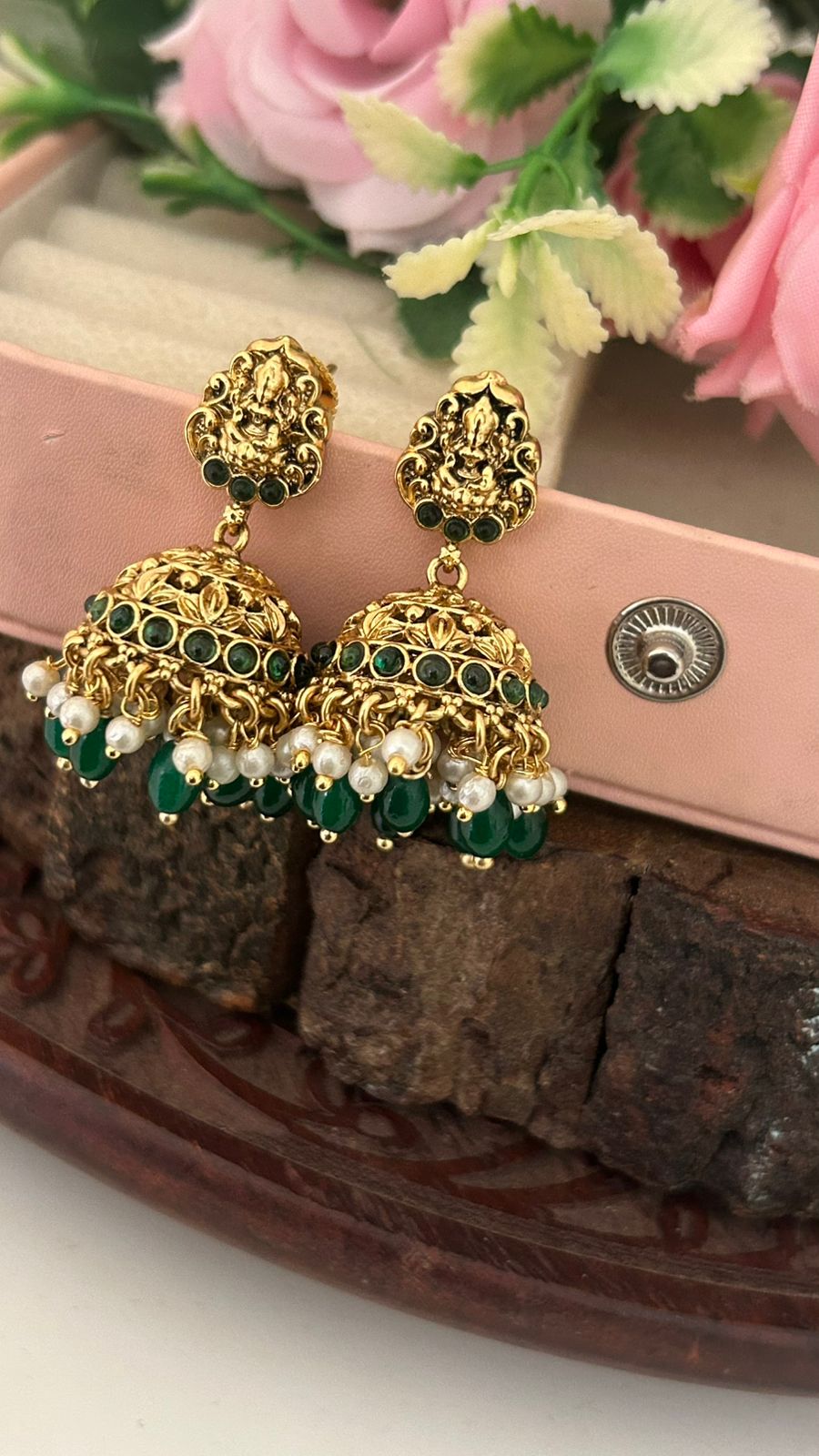 Traditional Lakshmi Temple Jhumka Earrings with Green Beads and Pearl Drops – Antique Gold Finish