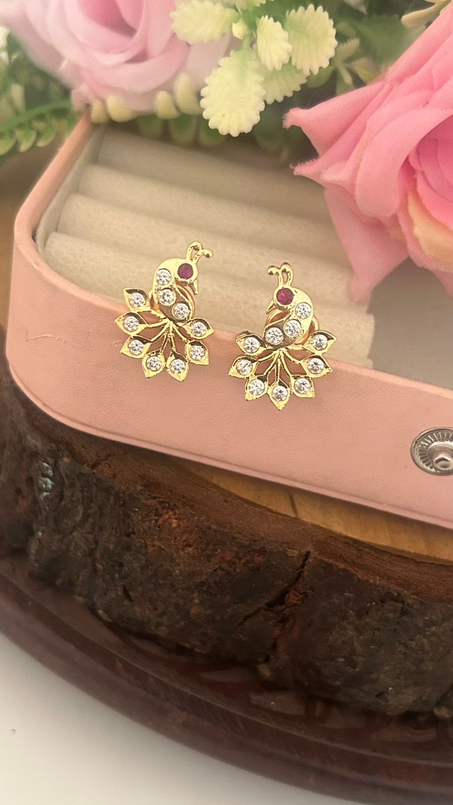 Traditional Panchaloham Peacock Stud Earrings with white Stones – Temple Style