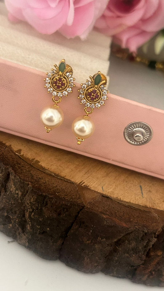 Traditional Ruby Green Stone Stud Earrings with Pearl Drop – Screw Back Design