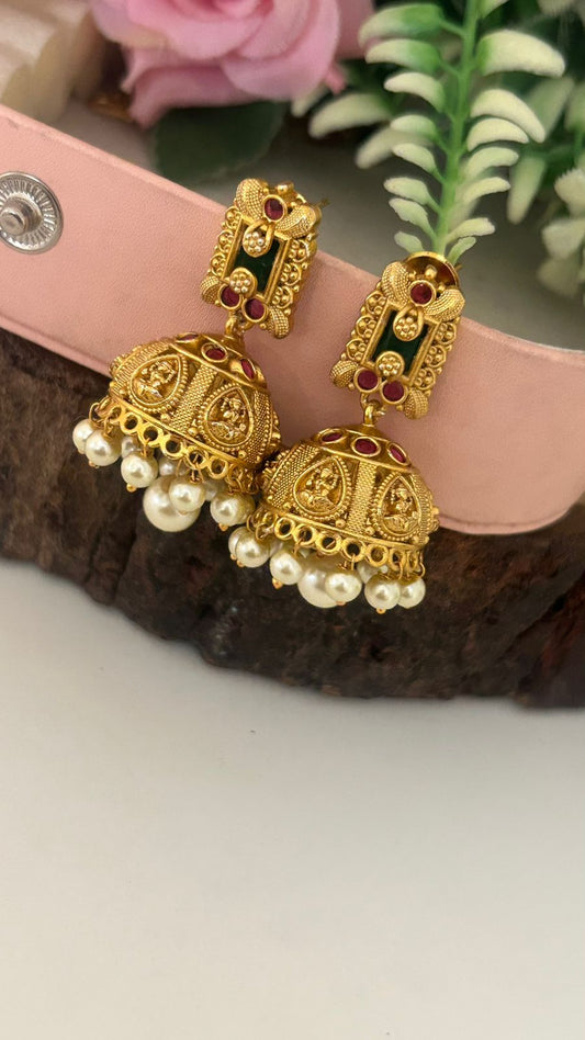 South Indian Temple Design Pearl Jhumkas with Ruby Stones – Antique Gold Plated Bridal Earrings