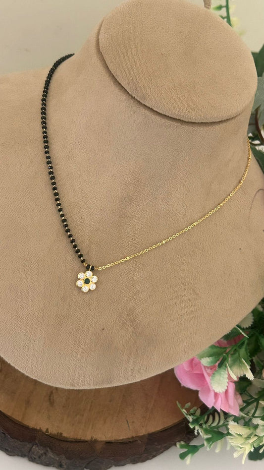 Gold Plated Black Beads Mangalsutra with Crystal Flower Pendant – Lightweight Daily Wear Design