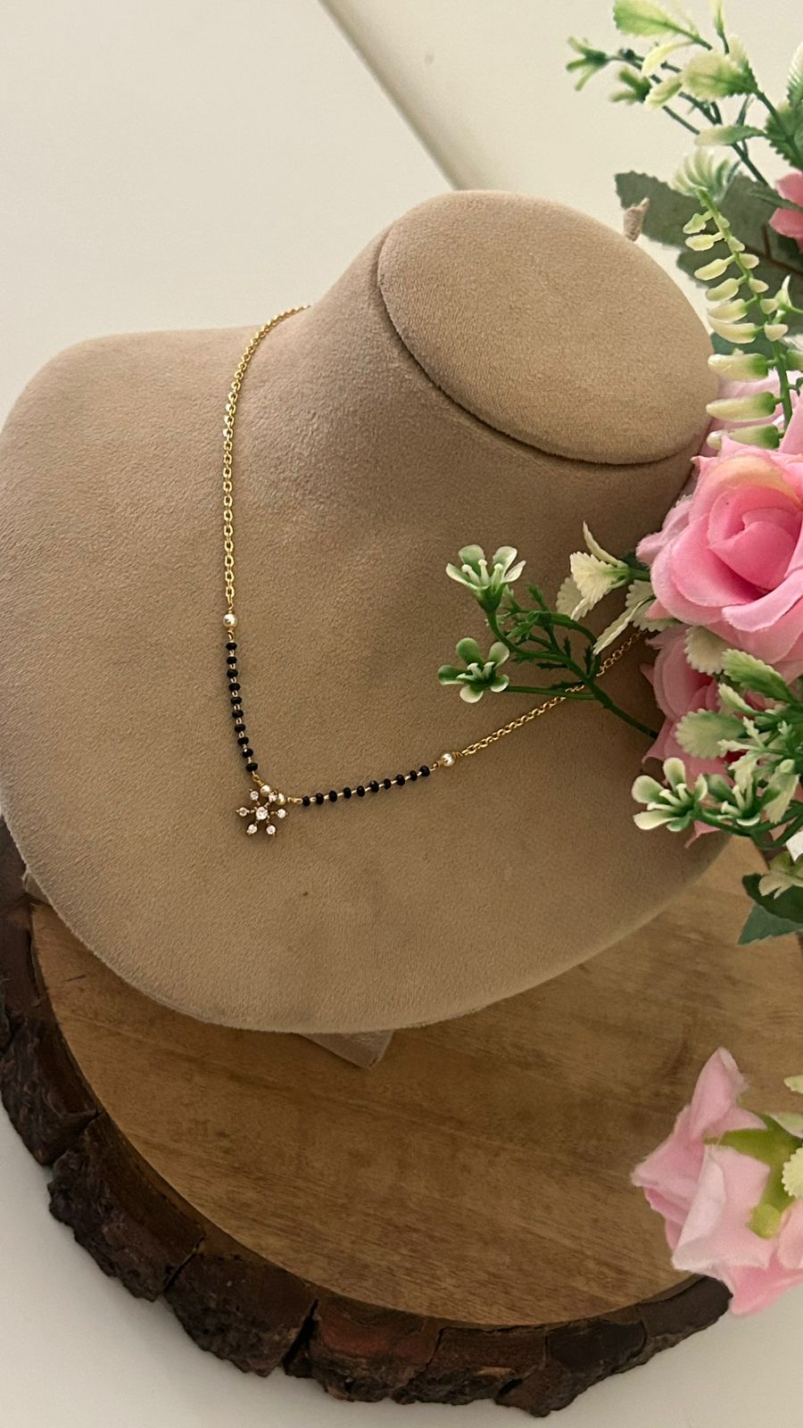 Elegant Black Beads Mangalsutra with Pearl and CZ Flower Pendant – One Gram Gold Design
