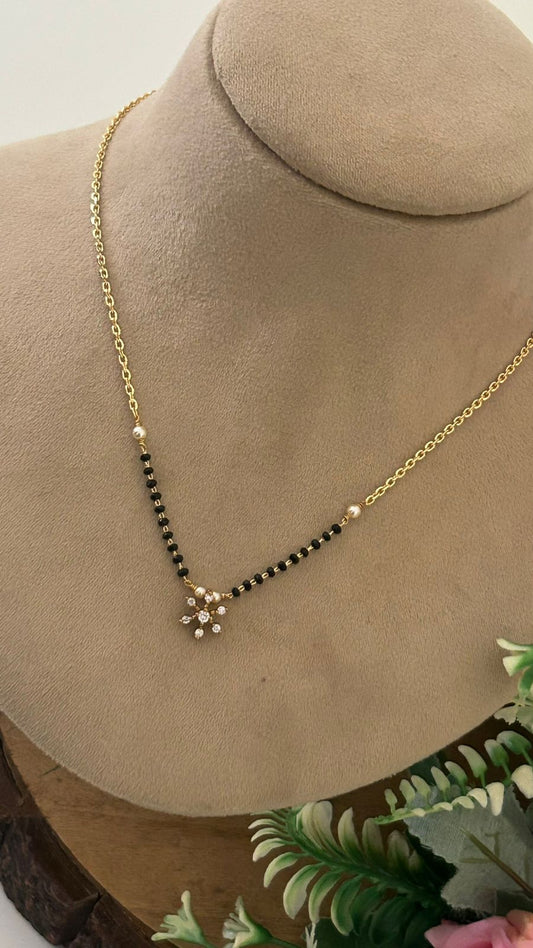 Elegant Black Beads Mangalsutra with Pearl and CZ Flower Pendant – One Gram Gold Design