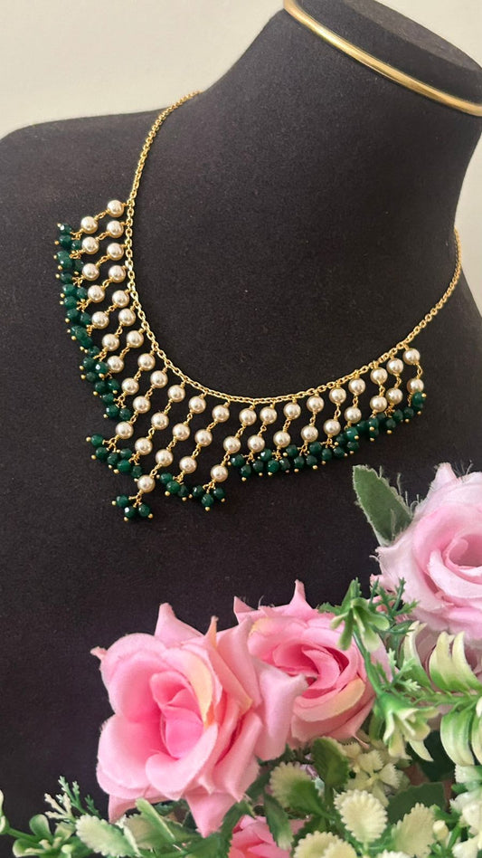 Stylish Pearl Drop Necklace with Green Beads – Lightweight One Gram Gold Fashion Jewellery