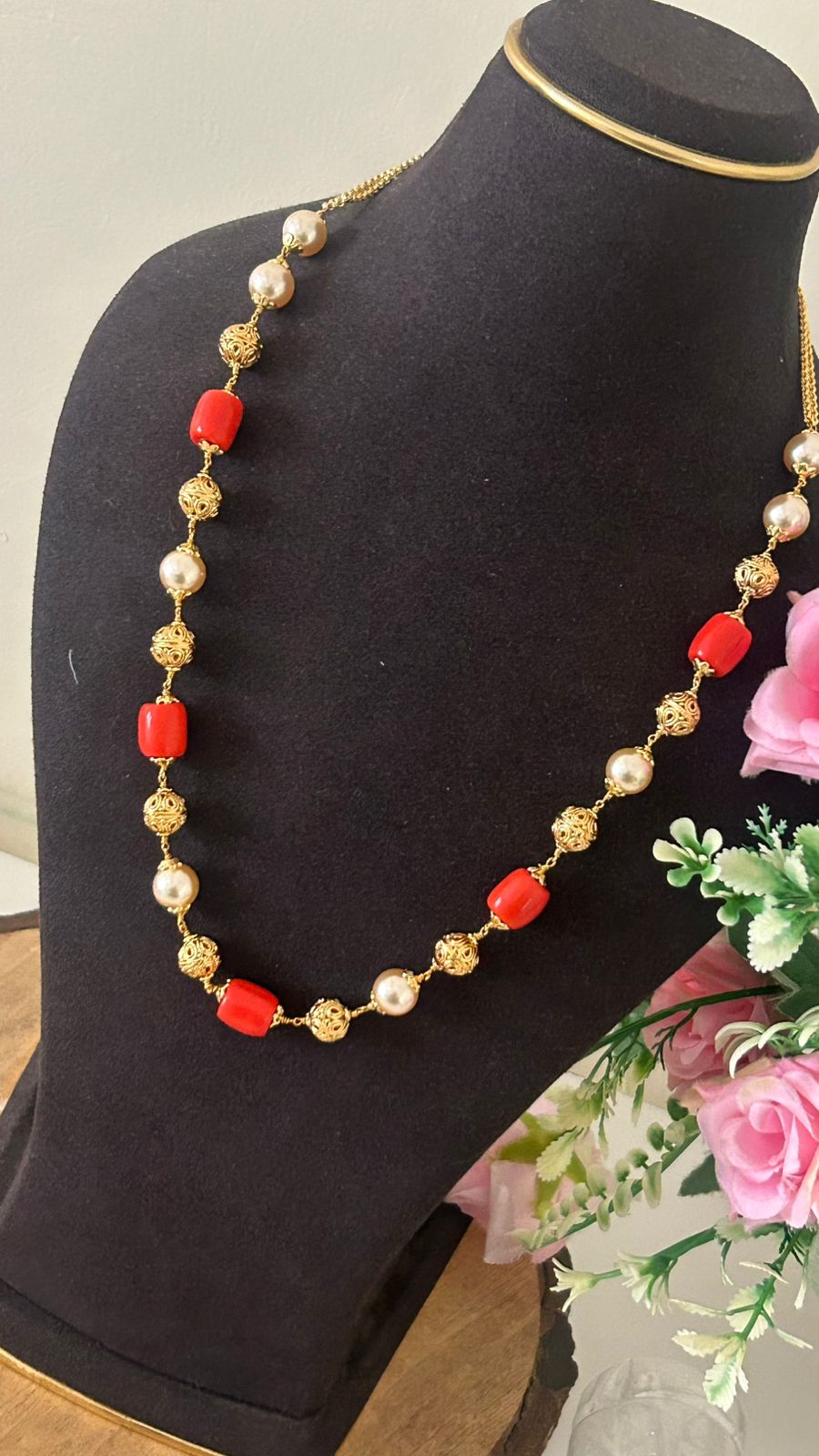 Traditional Coral Red Beads Necklace with Pearls & Antique Gold Balls – Elegant Necklace
