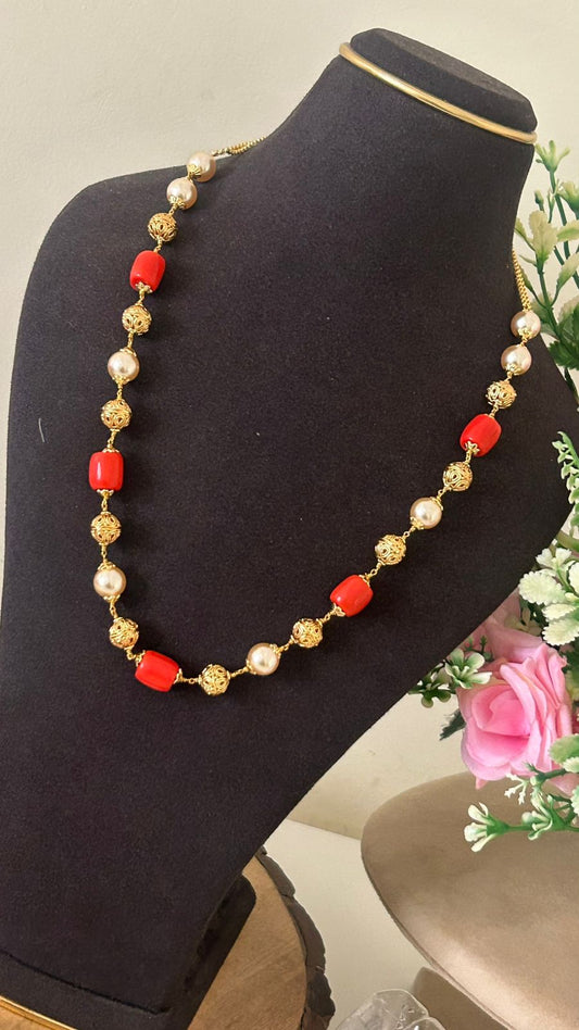 Traditional Coral Red Beads Necklace with Pearls & Antique Gold Balls – Elegant Necklace