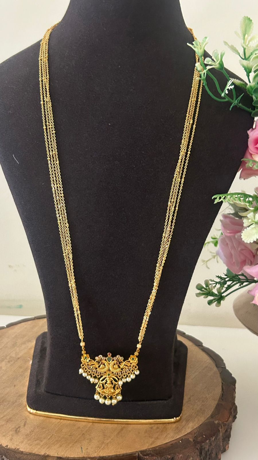Elegant Multi-Layer Chandraharam with Lakshmi Pendant – One Gram Gold Bridal Haram