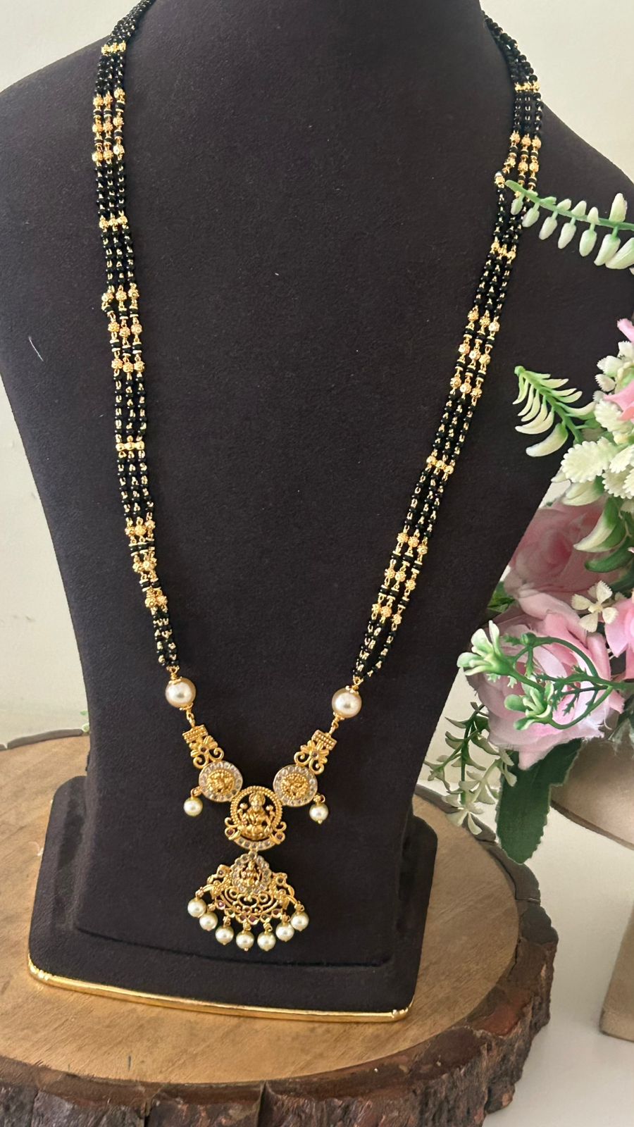 Traditional Lakshmi Temple Black Beads Long Mangalsutra with Pearl Drops – One Gram Gold Plated Bridal Mangalsutra