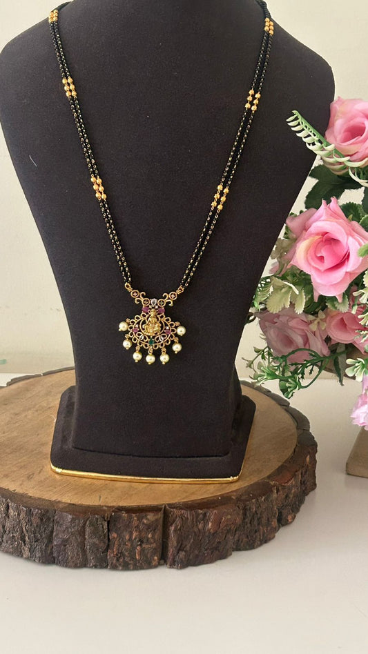 Traditional Lakshmi Temple Black Beads Mangalsutra with Pearl Drops – One Gram Gold Plated Long Mangalsutra for Women