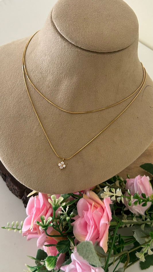 Minimalist Dual Layer Anti Tarnish Gold Plated Snake Chain Necklace with CZ Flower Pendant