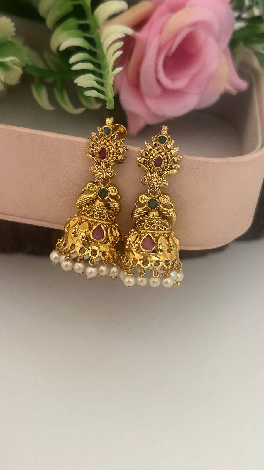 Traditional South Indian Screw Back Jhumka Earrings with Pearls and Black Beads