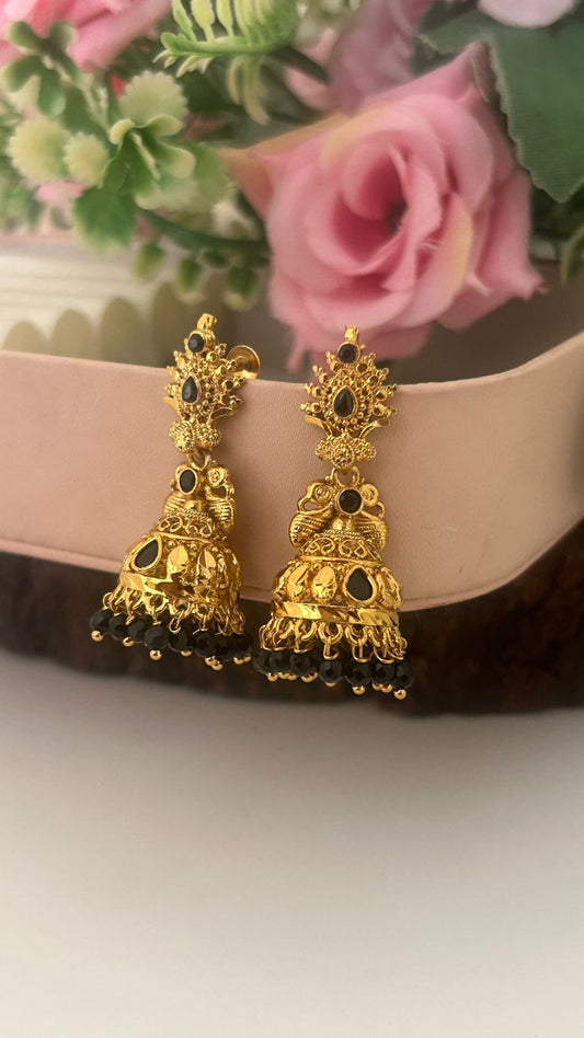 Traditional South Indian Screw Back Jhumka Earrings with Pearls and Black Beads
