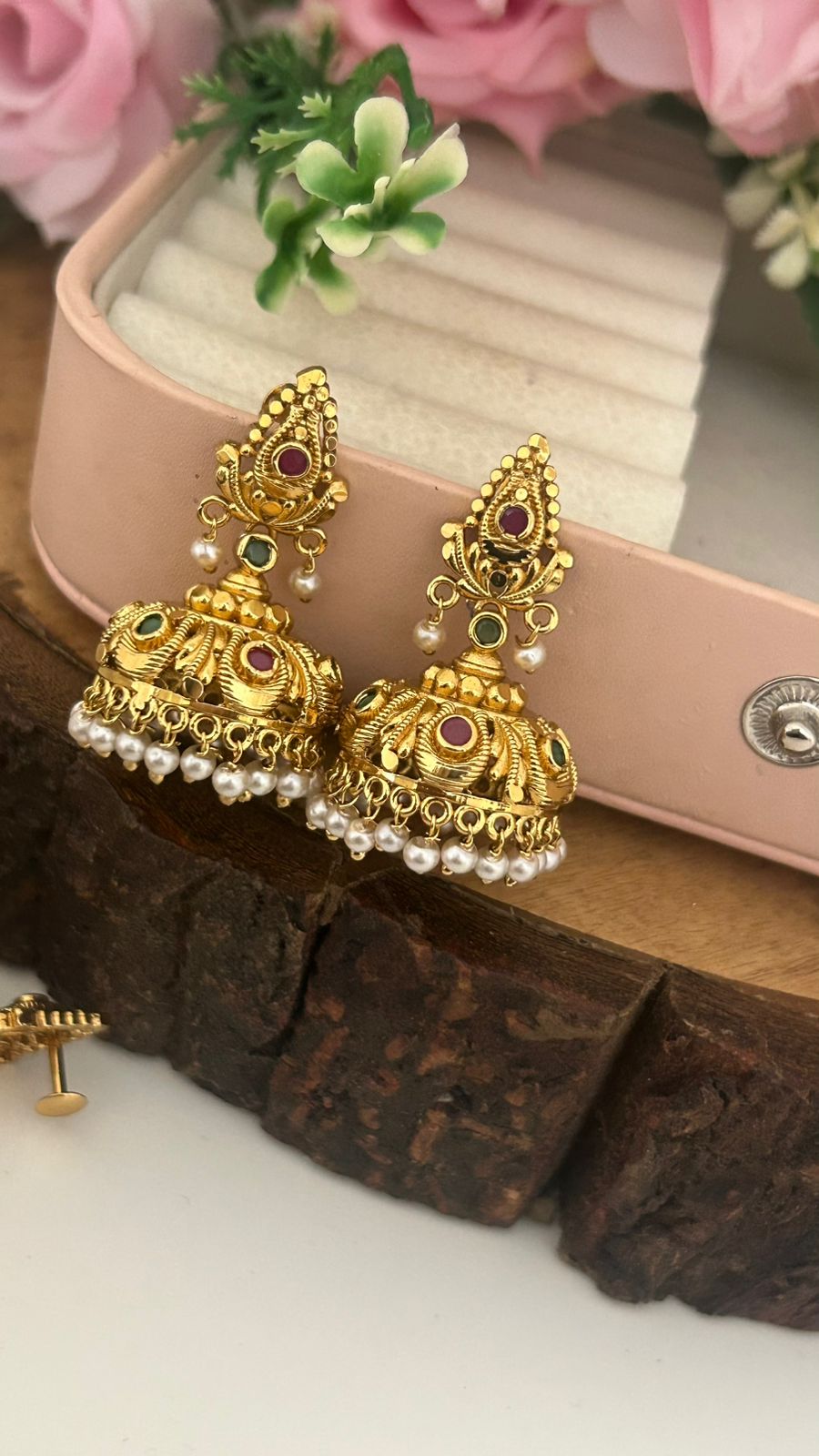 Traditional South Indian Screw Back Jhumkas with Ruby & Green Stone Design