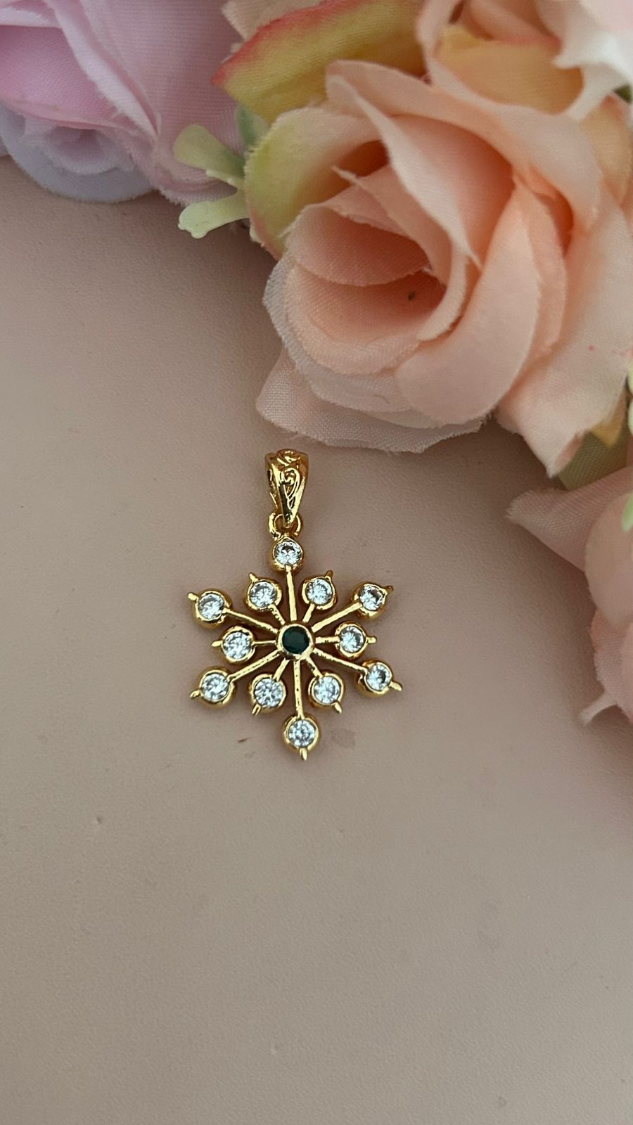 South Indian Panchaloham Sunflower Pendant with White Stones & Green Center Stone – Premium Gold Finish