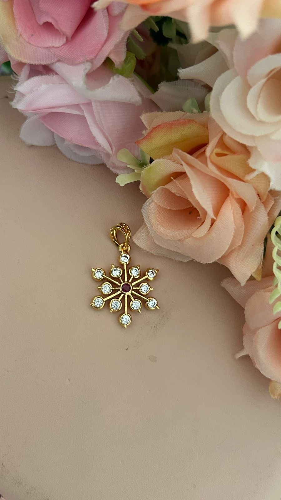 South Indian Panchaloham Sunflower Pendant with White Stones & RED Center Stone – Premium Gold Finish