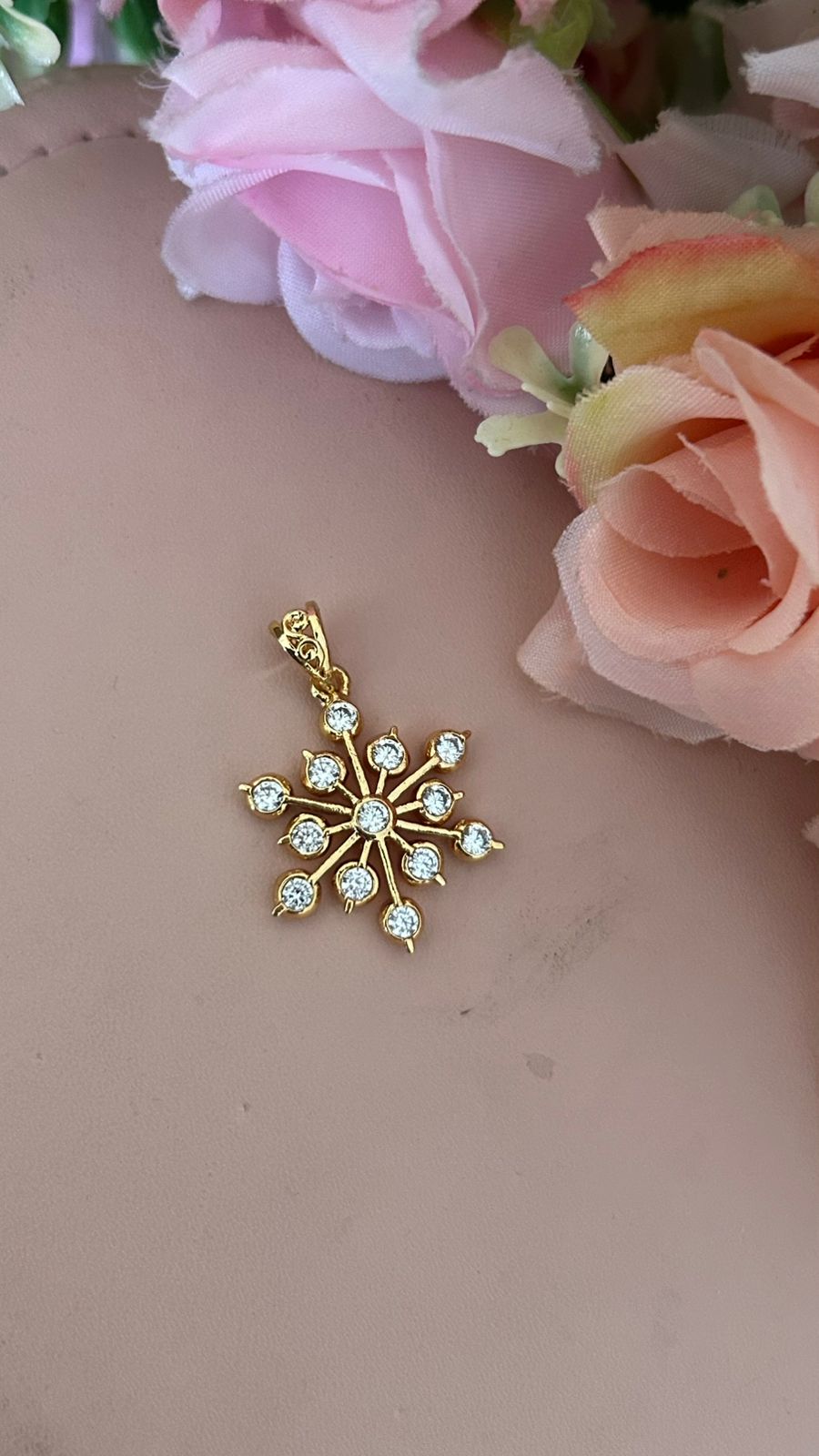 South Indian Panchaloham Sunflower Pendant with White Stones – Premium Gold Finish