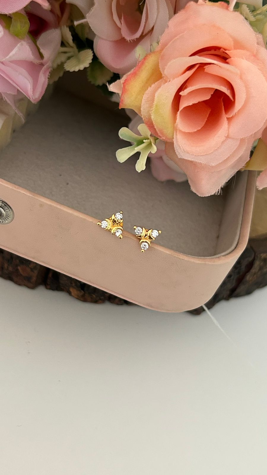 Traditional Panchaloham Three Stone Stud Earrings with Gold Finish