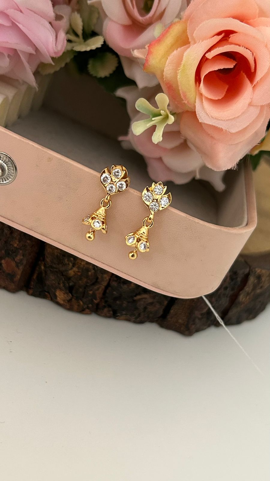 Traditional Panchaloham Flower Jhumkas with Sparkling White Stones