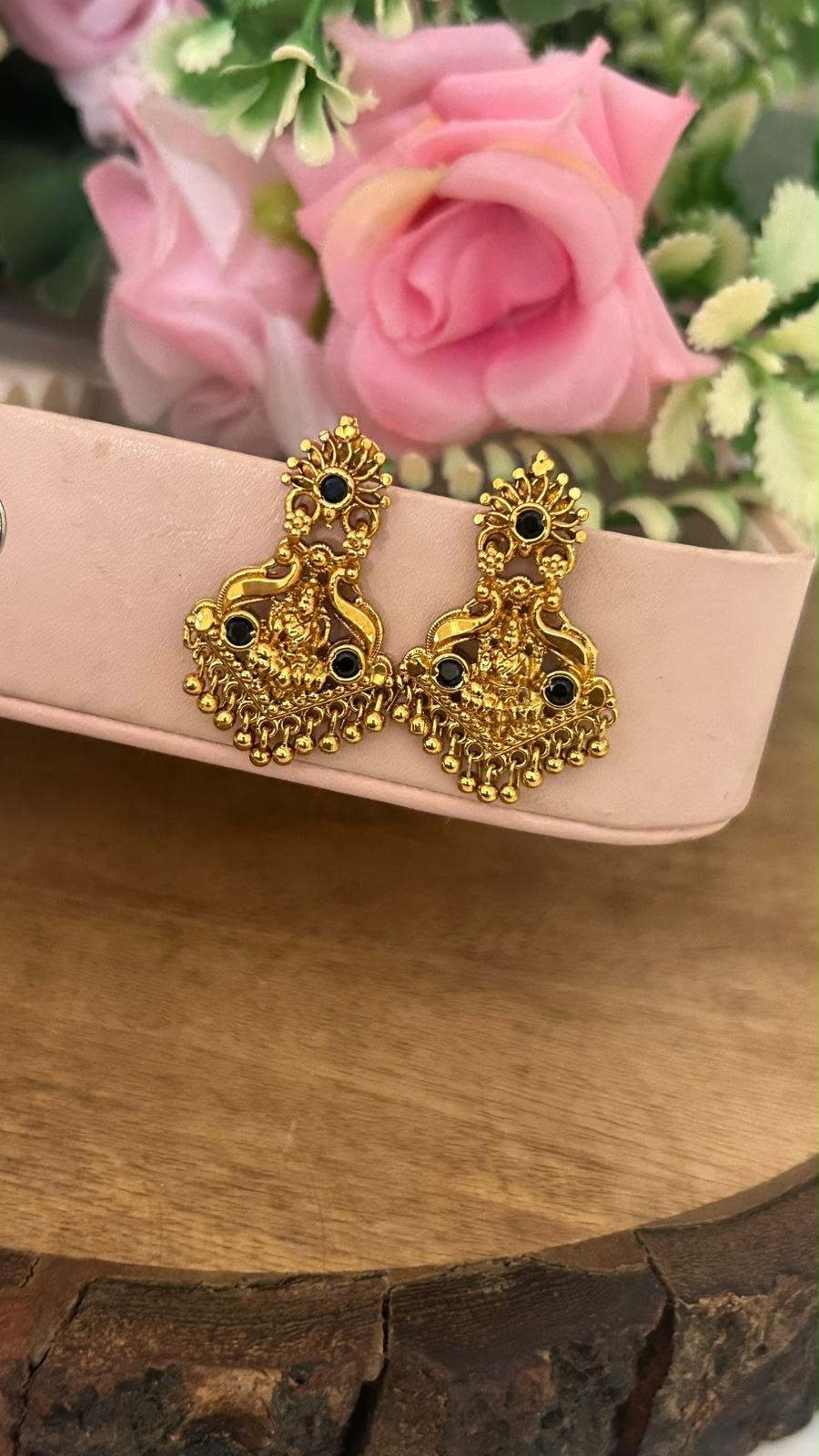 Traditional Lakshmi Screwback Earrings with Black Stones – Gold Finish Temple Jewellery