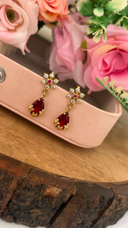 Red Stone Drop Screwback Earrings with Gold Finish Floral Stud