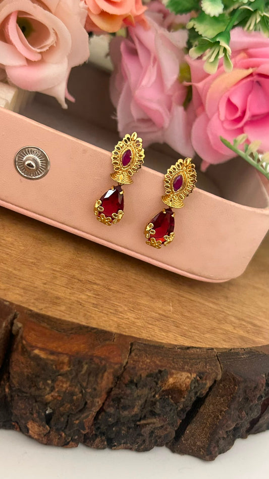 Ruby Red Drop Screwback Earrings with Gold Finish Floral Stud
