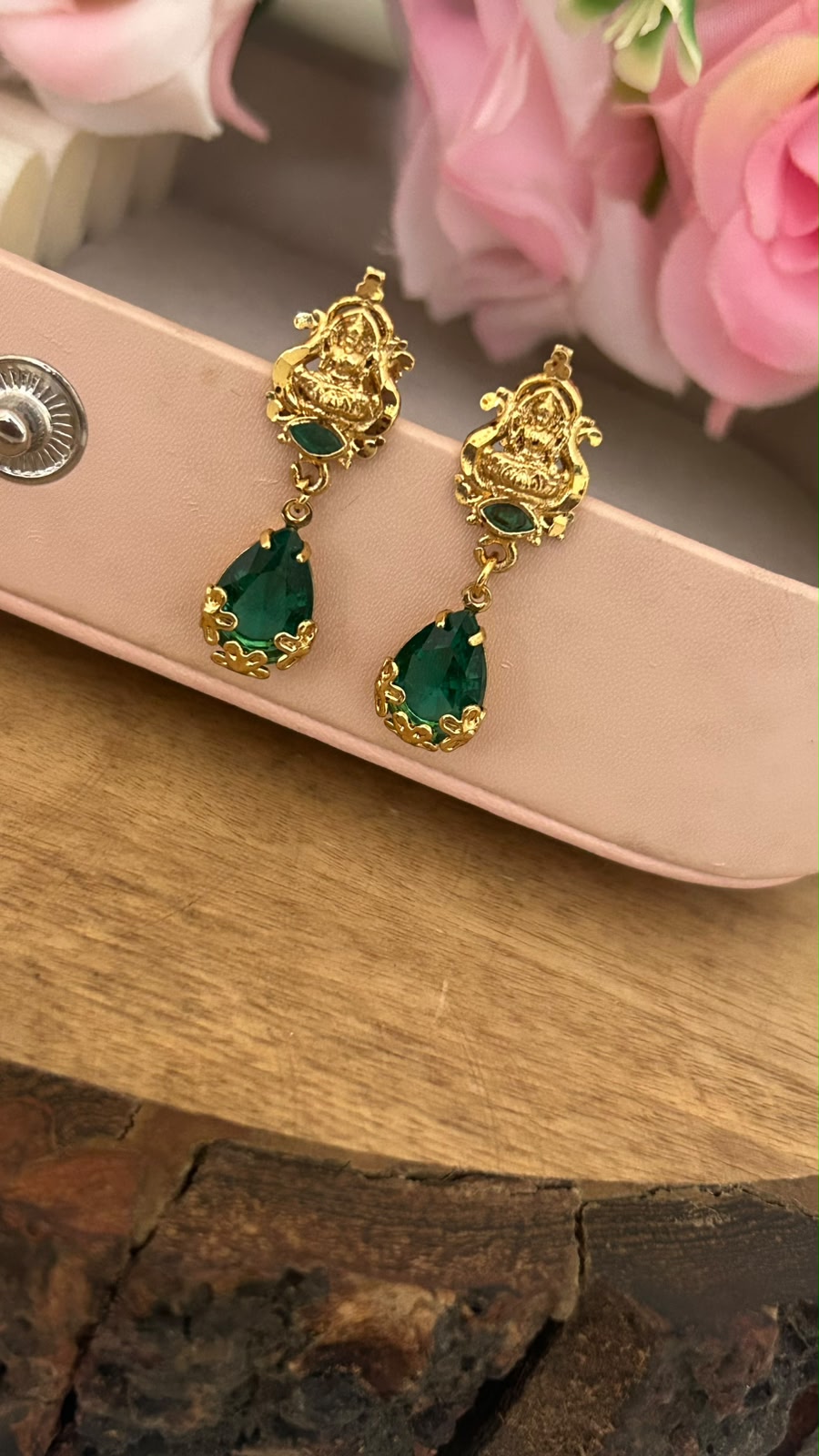 Green Stone Lakshmi Drop Screwback Earrings with Gold Finish