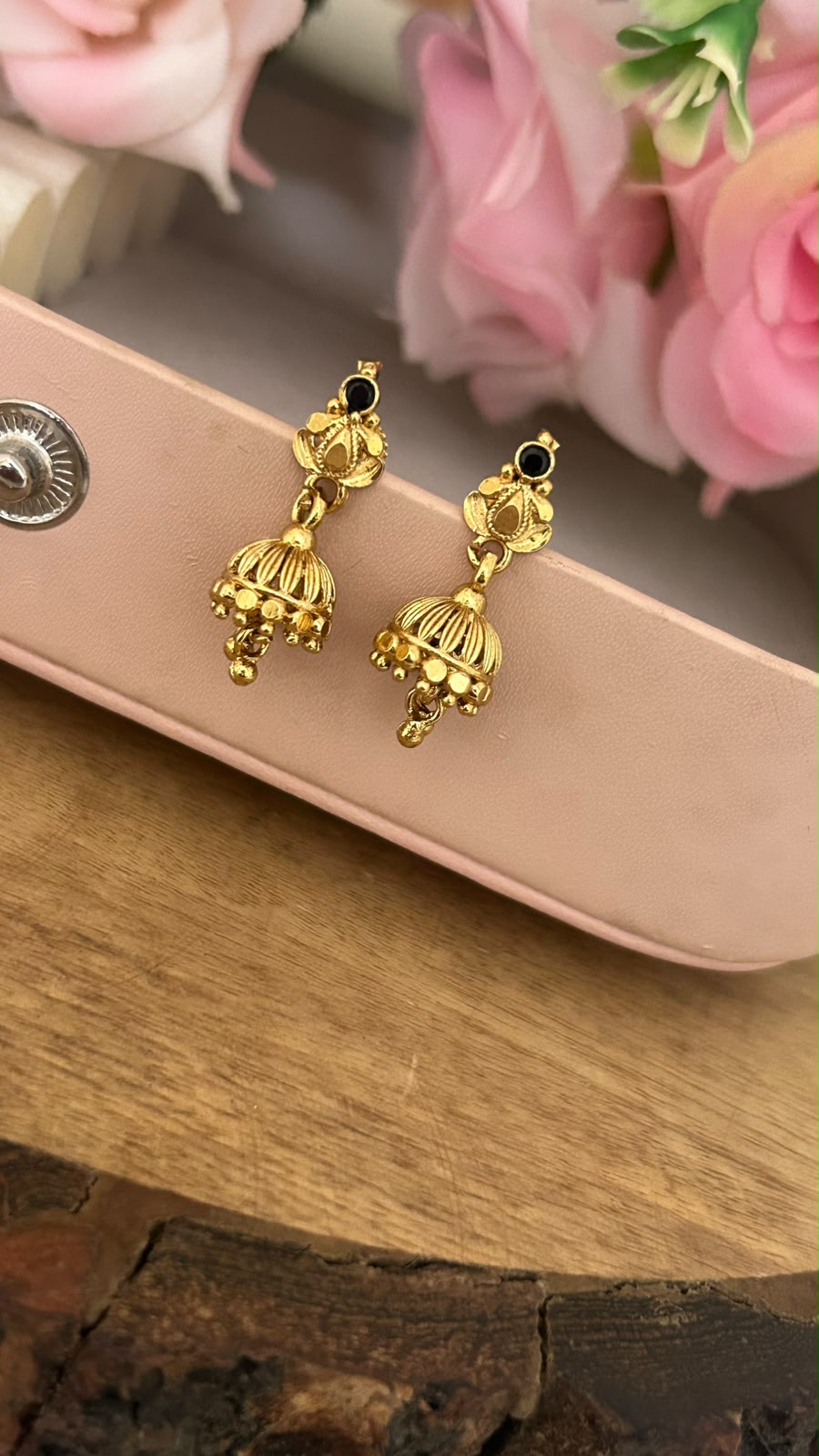 Traditional Mini Jhumka Screwback Earrings with Black Stone – Gold Finish