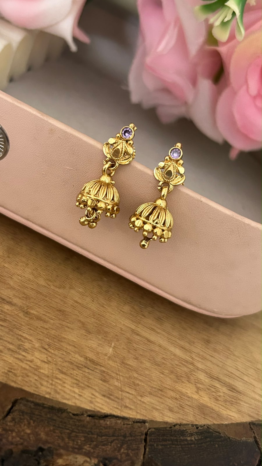 Traditional Mini Jhumka Screwback Earrings with Purple Stone – Gold Finish