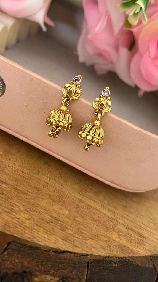 Traditional Mini Jhumka Screwback Earrings with Purple Stone – Gold Finish