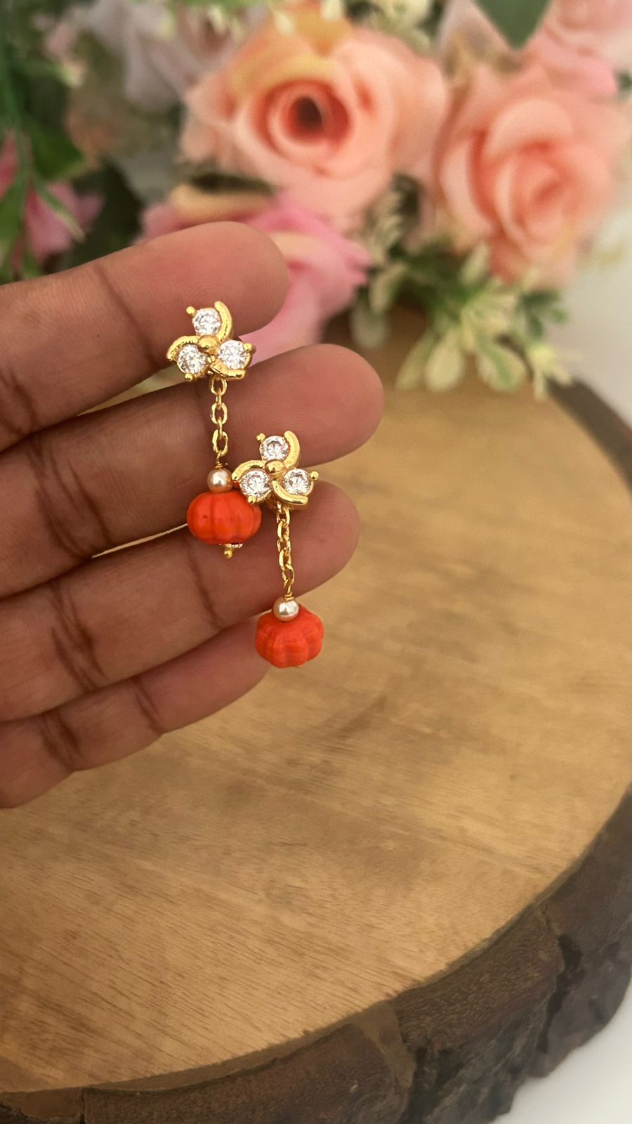 Panchaloham polished Big white Stud Earrings with Detachable coral Drop