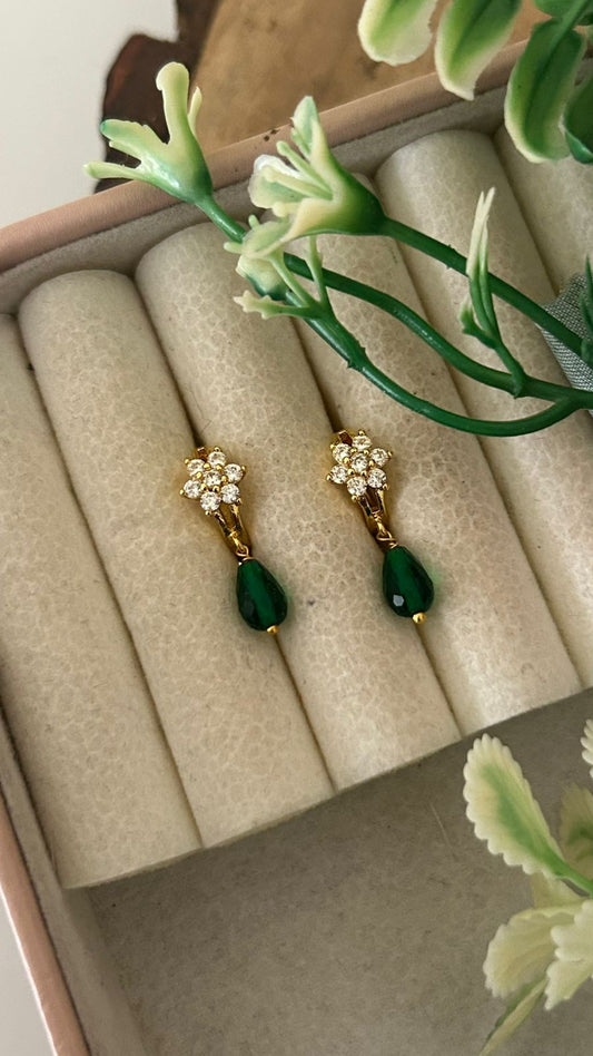 Floral Bali Earrings with Ruby Green cz Drop Hanging